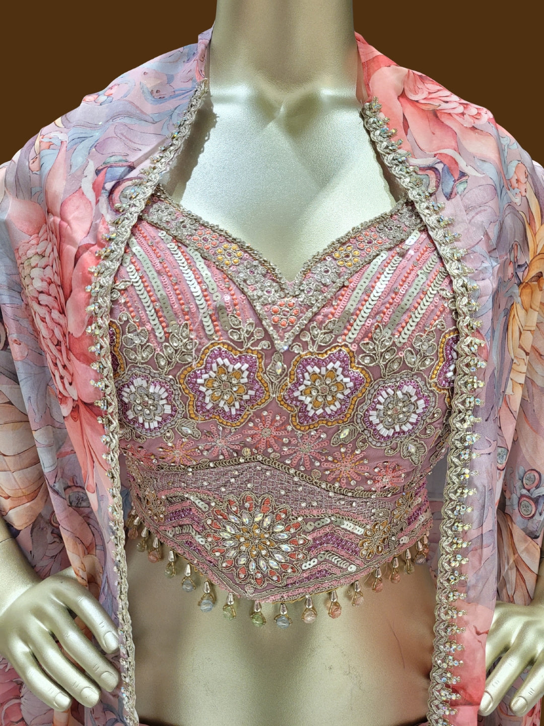 Sequinned Crop Top Set with Multicolor Tasseles, Flared Palazzo & Floral Print Cape