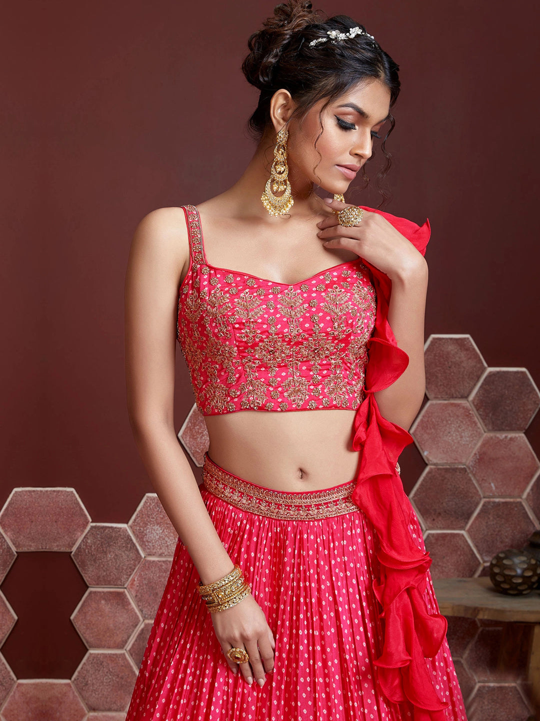 Bandhani Lehenga with Zardozi & Kundan Embroidered Blouse & Dupatta
