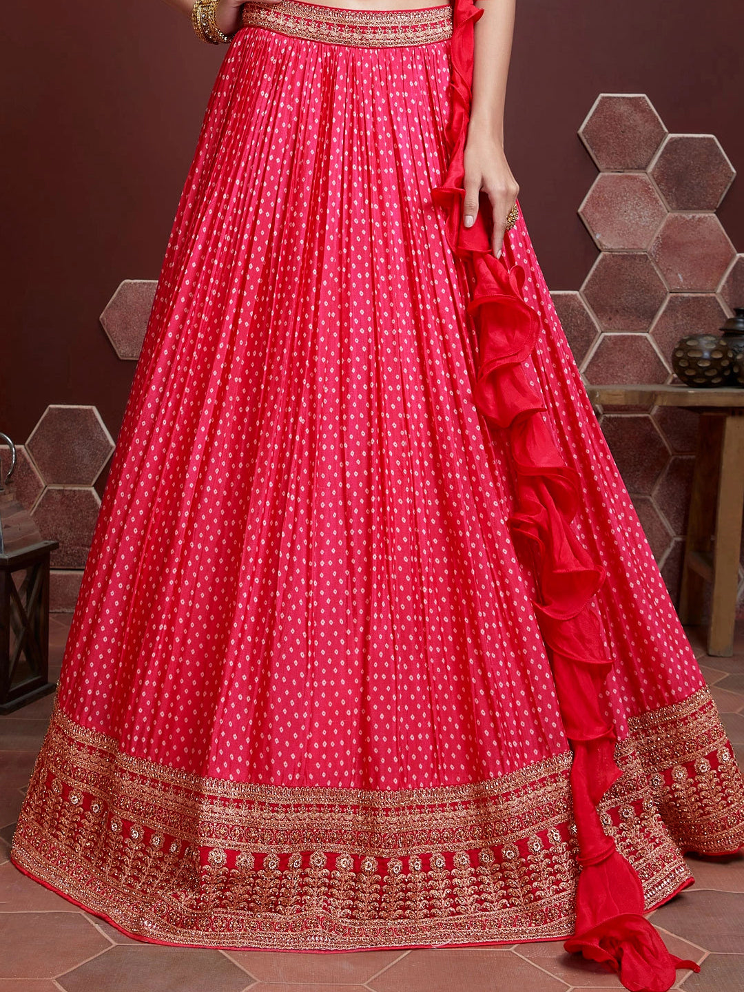 Bandhani Lehenga with Zardozi & Kundan Embroidered Blouse & Dupatta