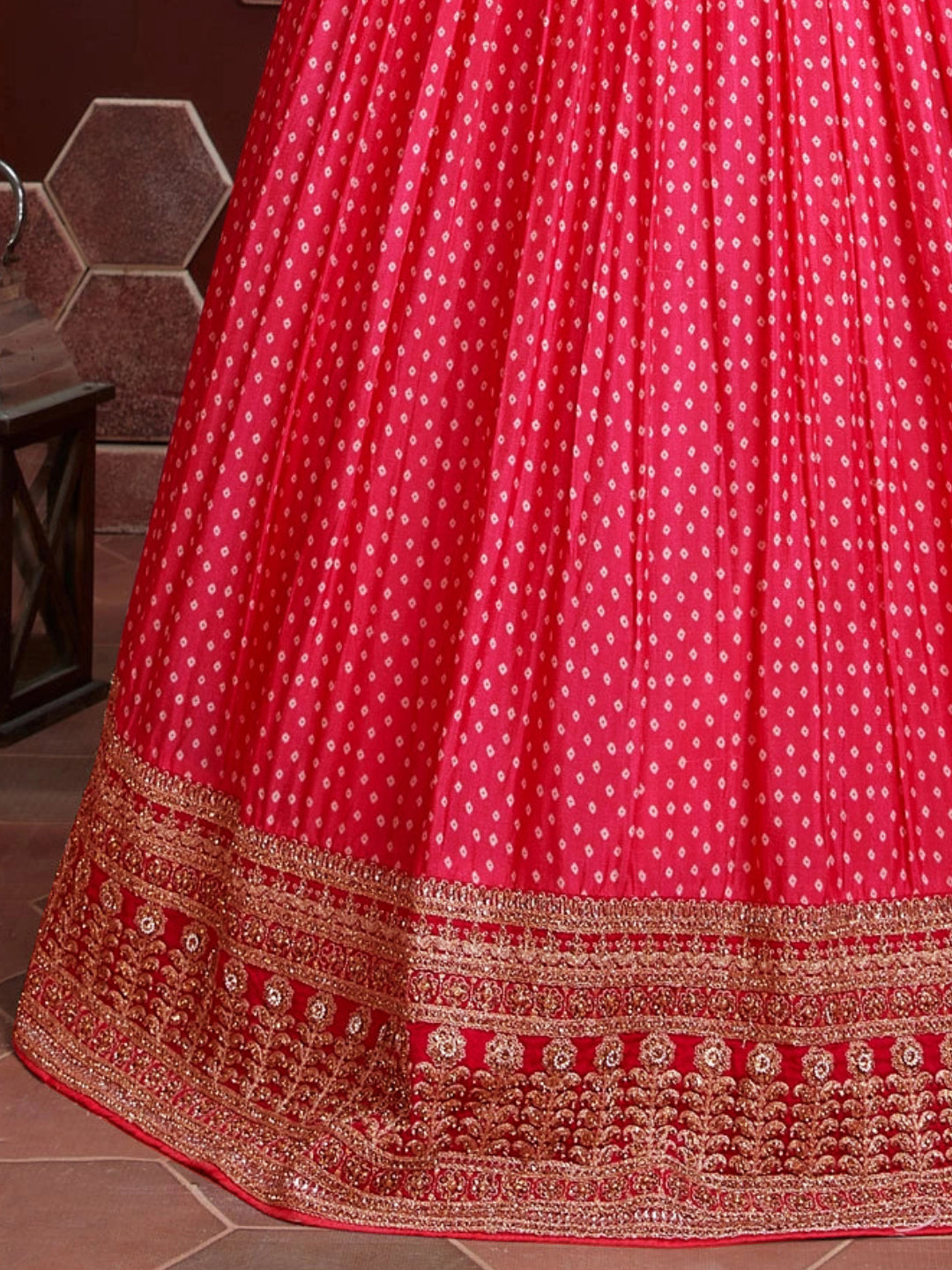 Bandhani Lehenga with Zardozi & Kundan Embroidered Blouse & Dupatta