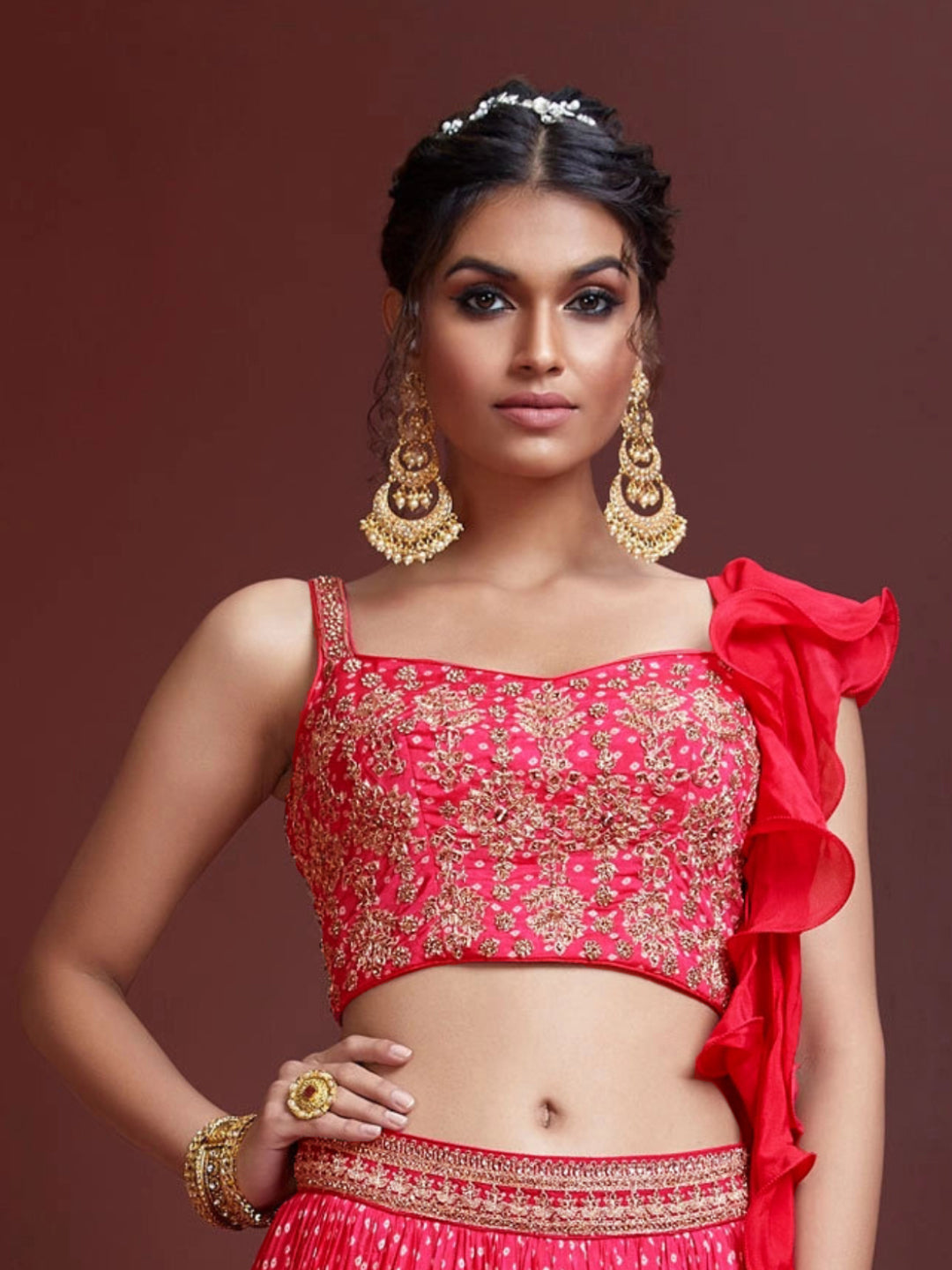 Bandhani Lehenga with Zardozi & Kundan Embroidered Blouse & Dupatta