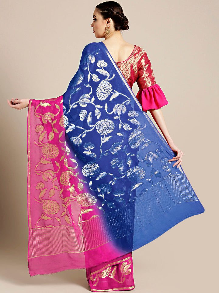 Pink Blue Ombre Banarasi Khaddi Georgette Saree with Floral Weaving