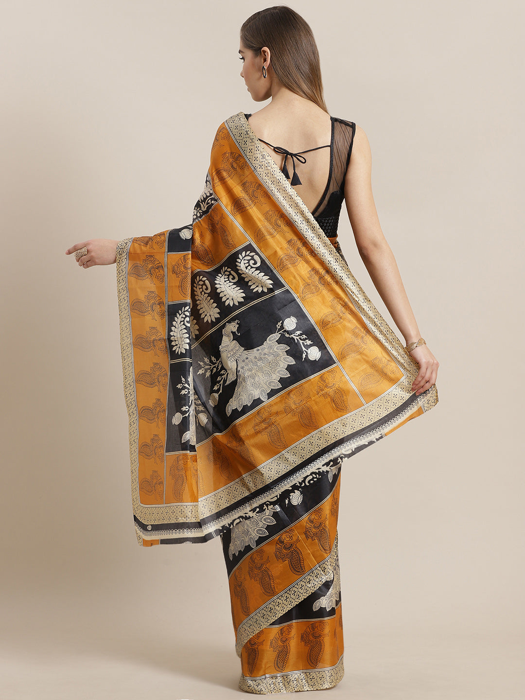 Tussar Silk Saree with Colorblocked Peacock Print
