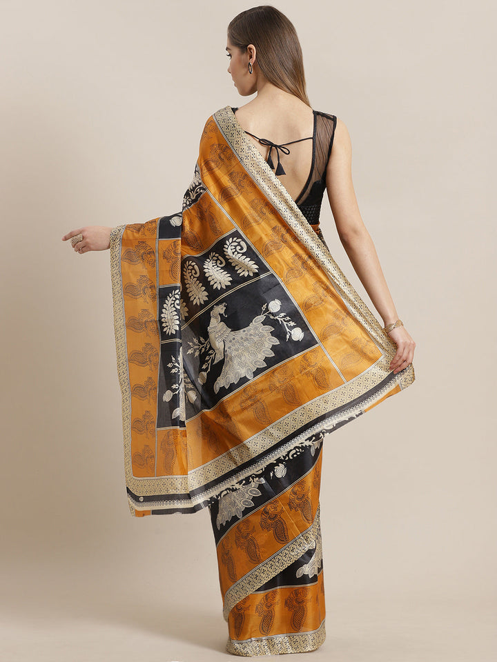 Tussar Silk Saree with Colorblocked Peacock Print