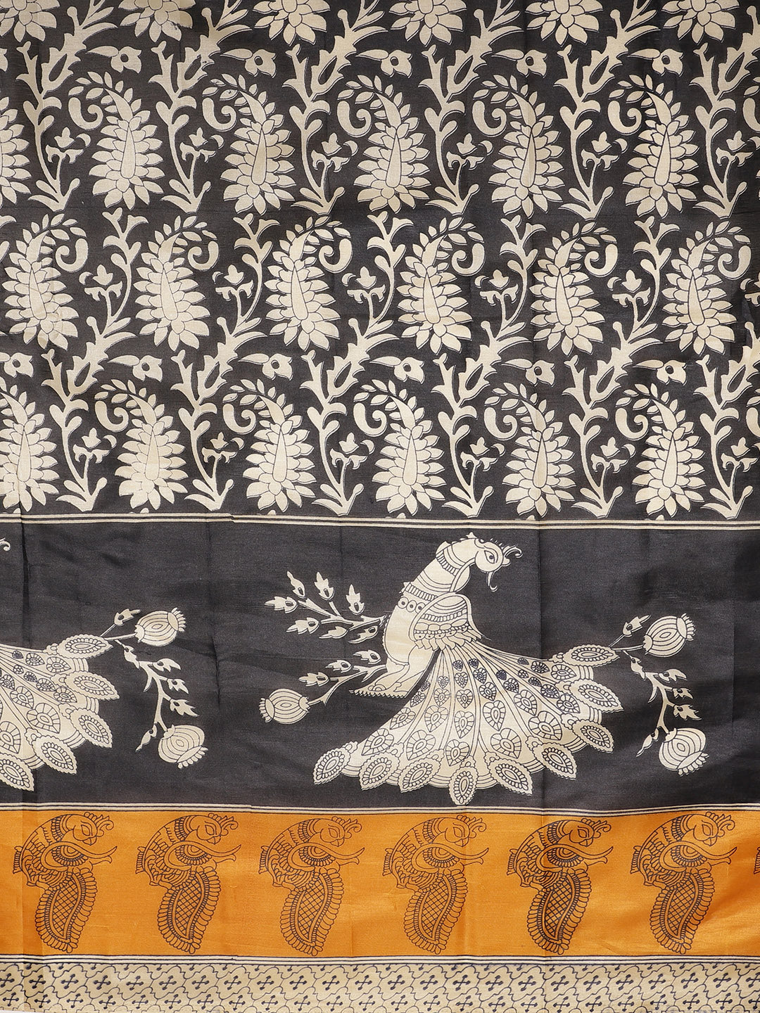 Tussar Silk Saree with Colorblocked Peacock Print