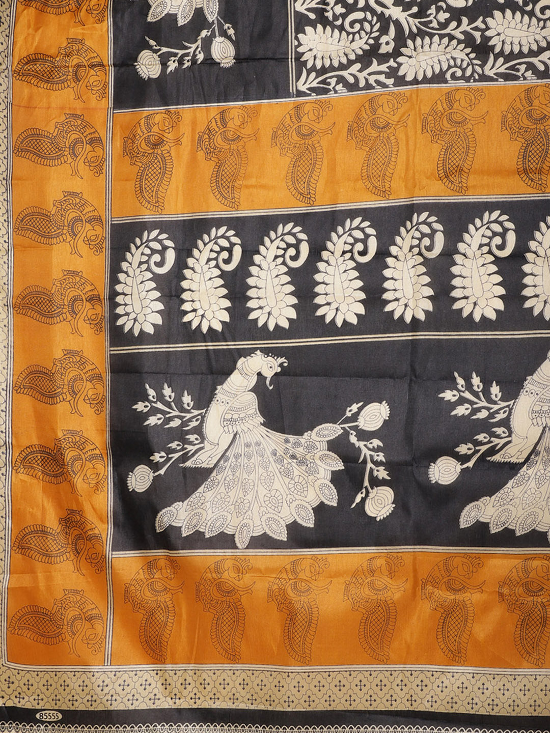 Tussar Silk Saree with Colorblocked Peacock Print
