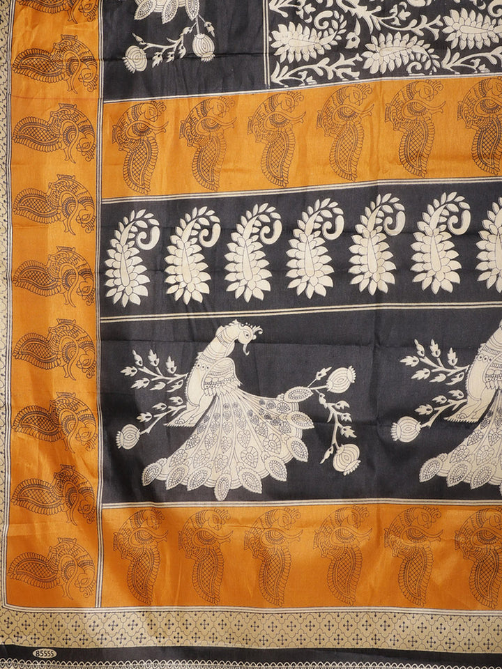 Tussar Silk Saree with Colorblocked Peacock Print