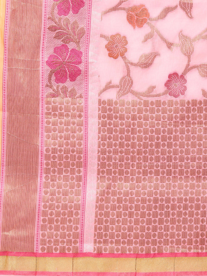 Chanderi Banarasi Silk saree with Zari and Resham Woven Flowers