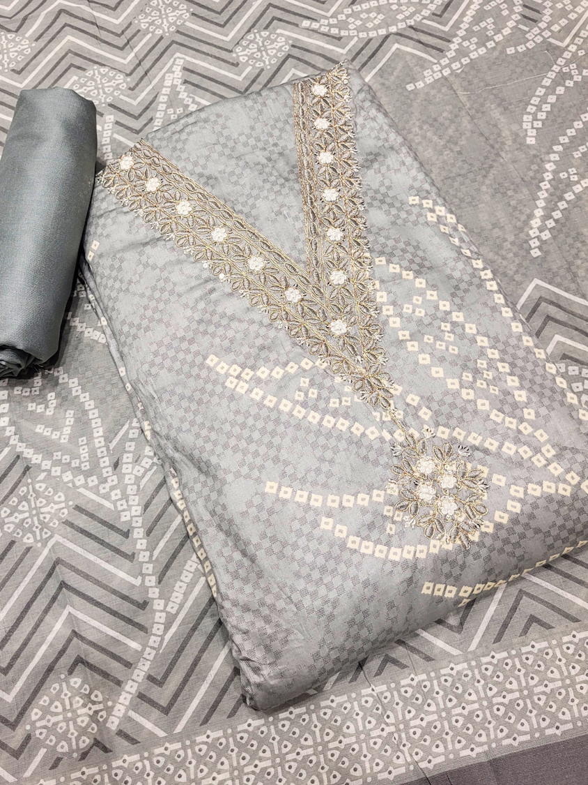 Chhabra 555 Bandhani Checkered Print Cotton Suit Dupatta with Zari Resham Embroidered Neckline