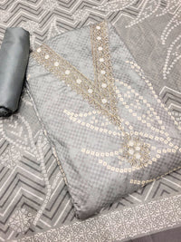 Chhabra 555 Bandhani Checkered Print Cotton Suit Dupatta with Zari Resham Embroidered Neckline