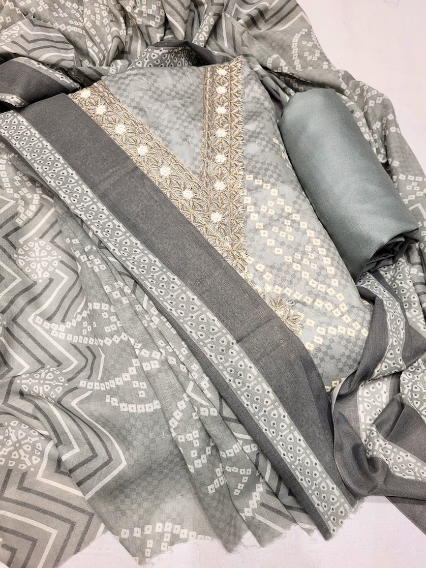 Bandhani Checkered Print Cotton Suit Dupatta with Zari Resham Embroidered Neckline