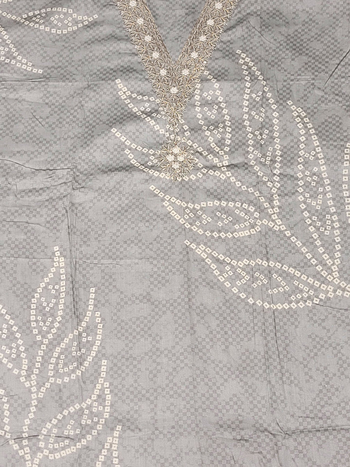 Bandhani Checkered Print Cotton Suit Dupatta with Zari Resham Embroidered Neckline