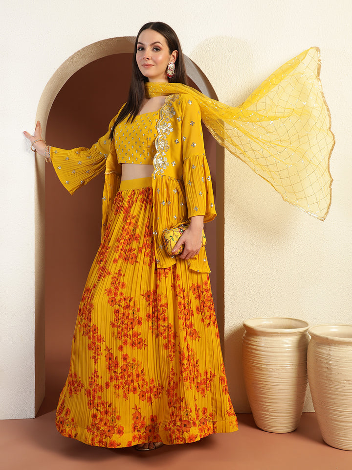 Chhabra 555 Indo-western Floral Print Pleated Lehenga Set with Sequin Embroidered Scalloped Jacket