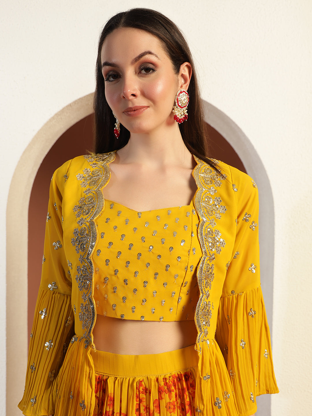 Indo-western Floral Print Pleated Lehenga Set with Sequin Embroidered Scalloped Jacket