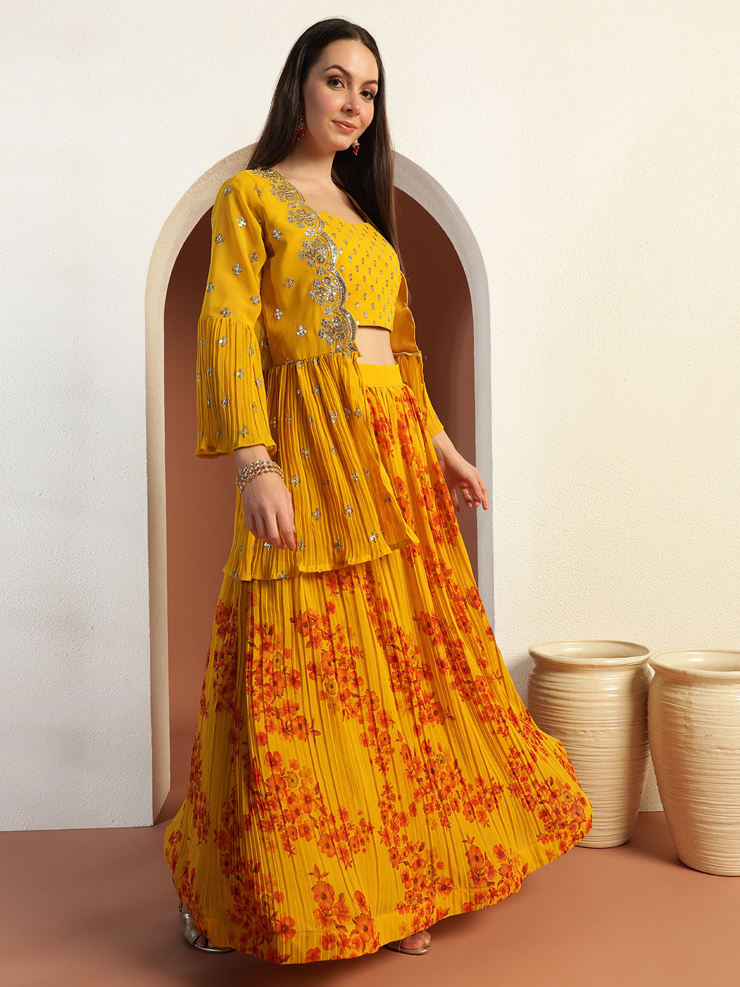 Indo-western Floral Print Pleated Lehenga Set with Sequin Embroidered Scalloped Jacket