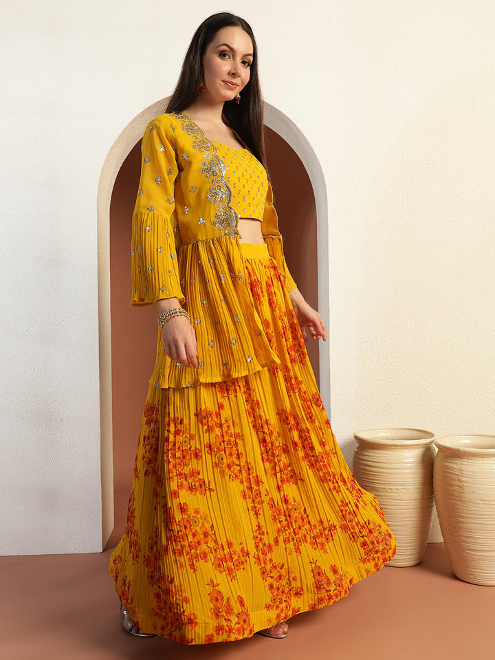 Indo-western Floral Print Pleated Lehenga Set with Sequin Embroidered Scalloped Jacket