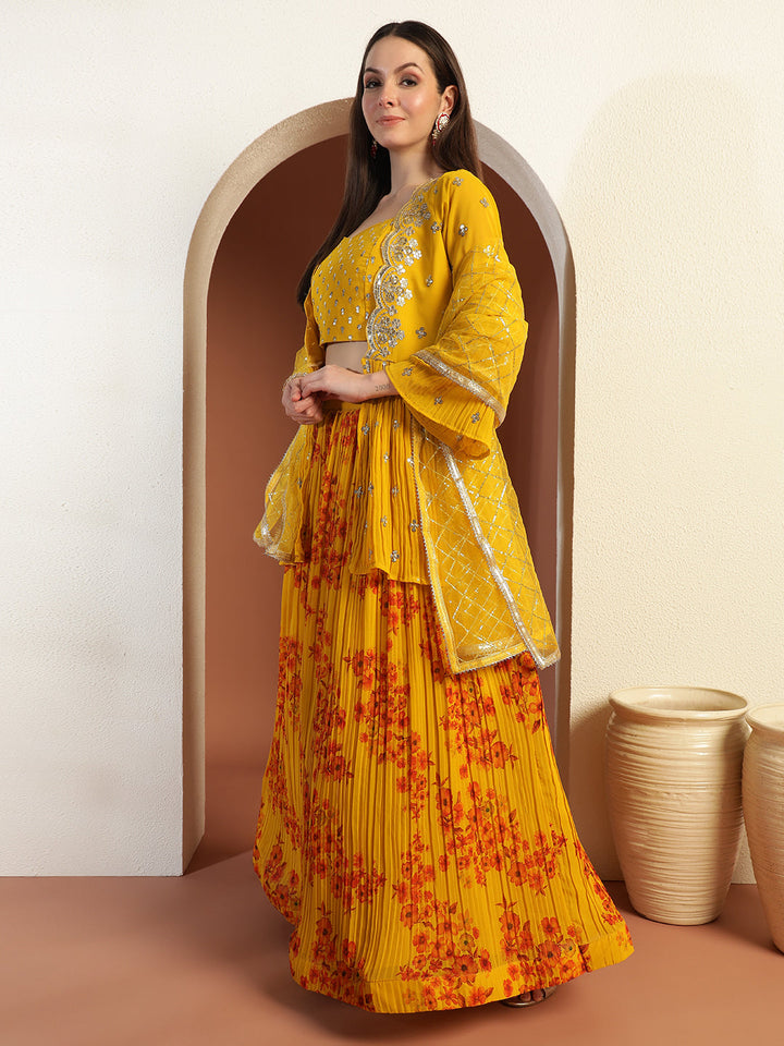 Indo-western Floral Print Pleated Lehenga Set with Sequin Embroidered Scalloped Jacket