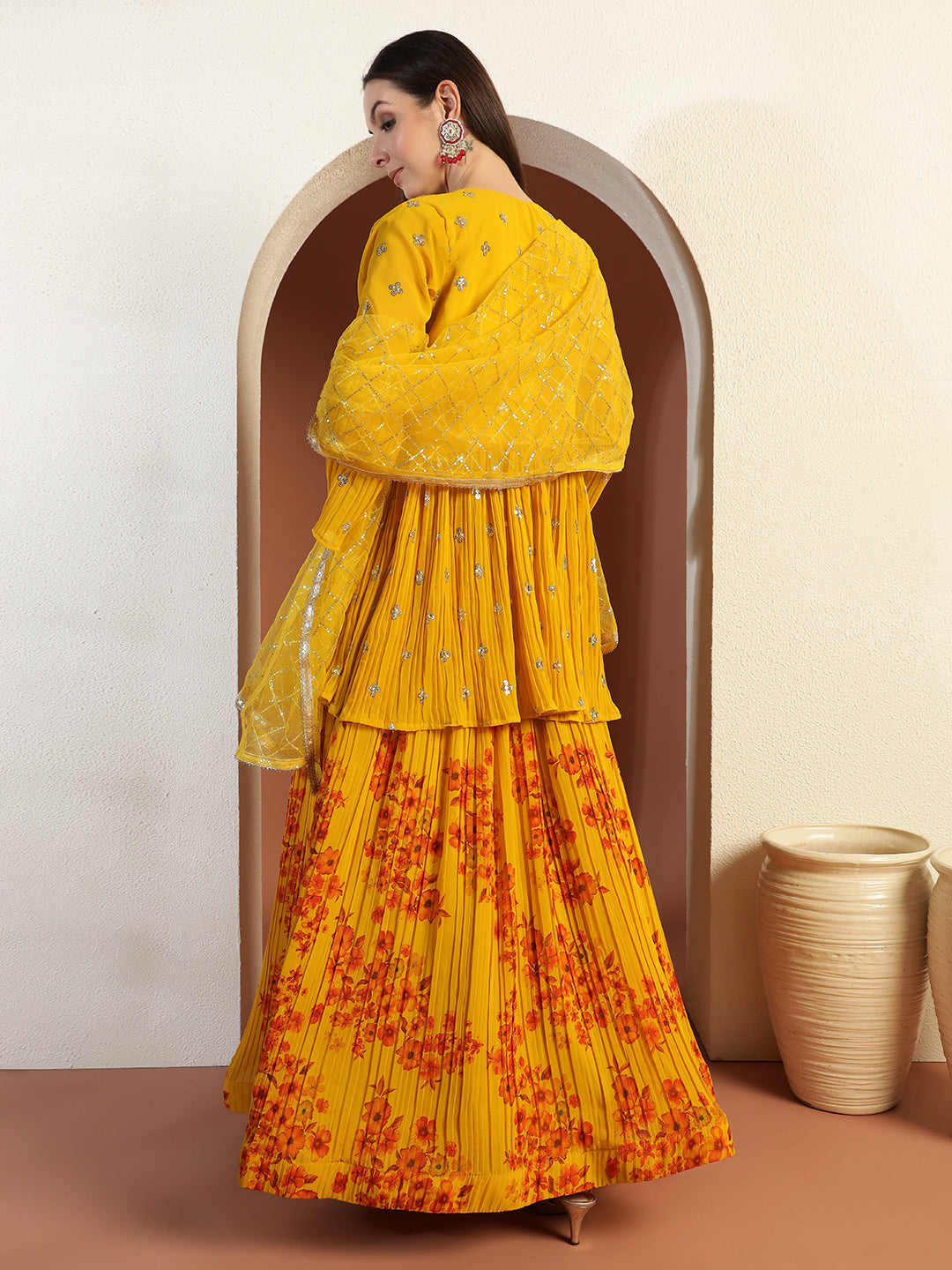 Indo-western Floral Print Pleated Lehenga Set with Sequin Embroidered Scalloped Jacket