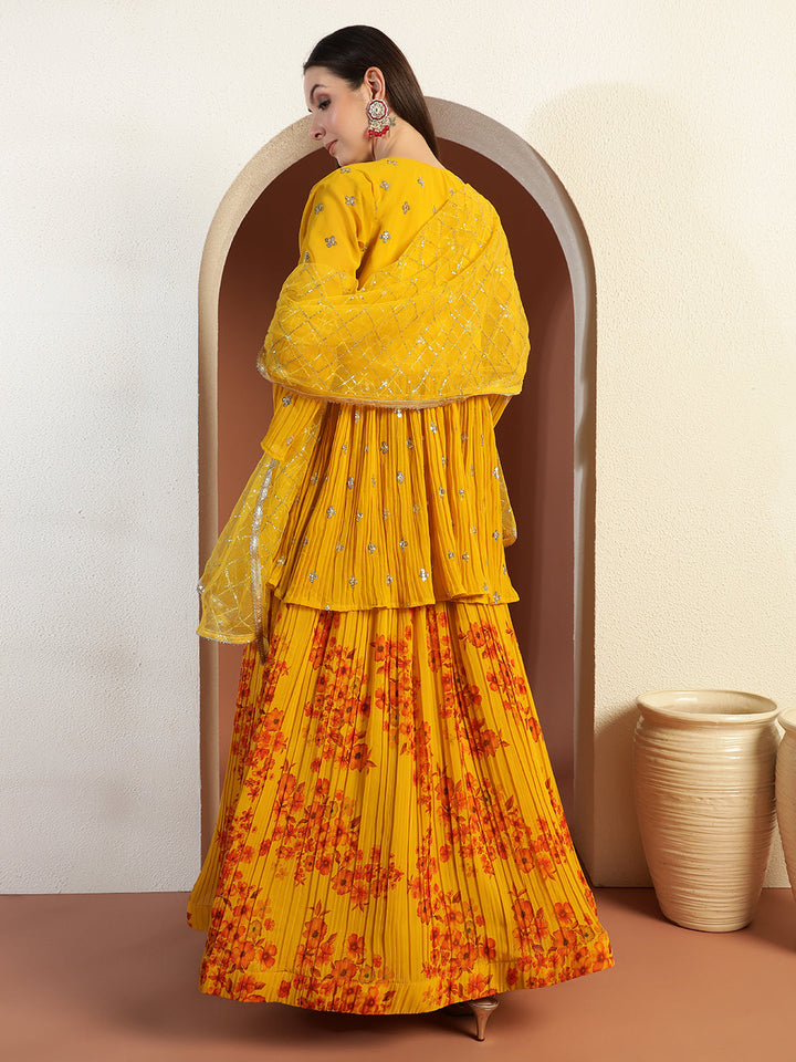 Indo-western Floral Print Pleated Lehenga Set with Sequin Embroidered Scalloped Jacket