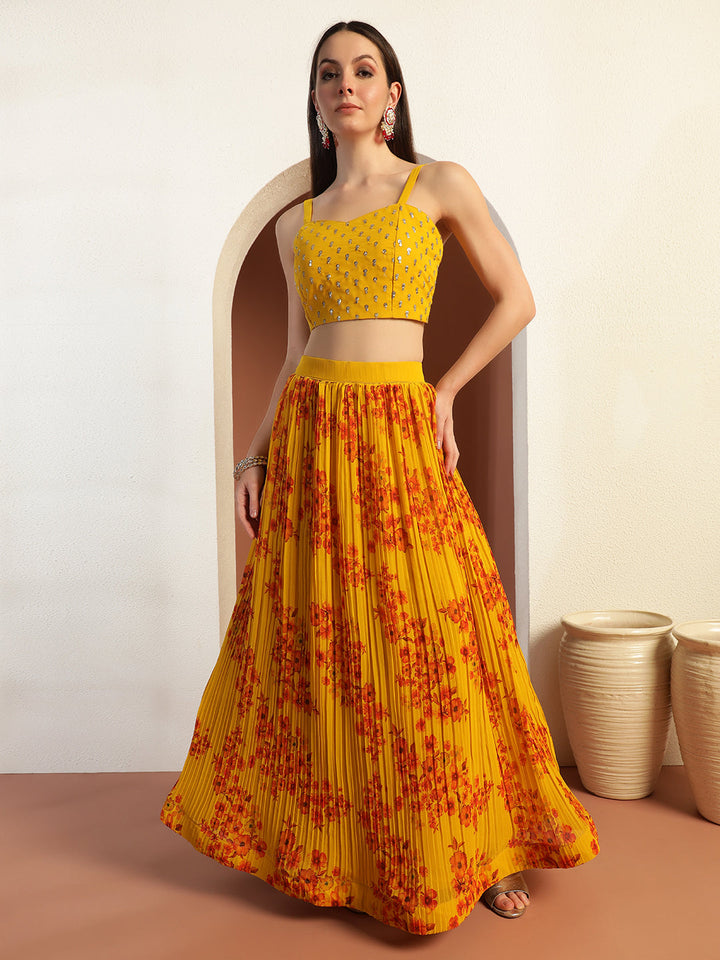 Indo-western Floral Print Pleated Lehenga Set with Sequin Embroidered Scalloped Jacket