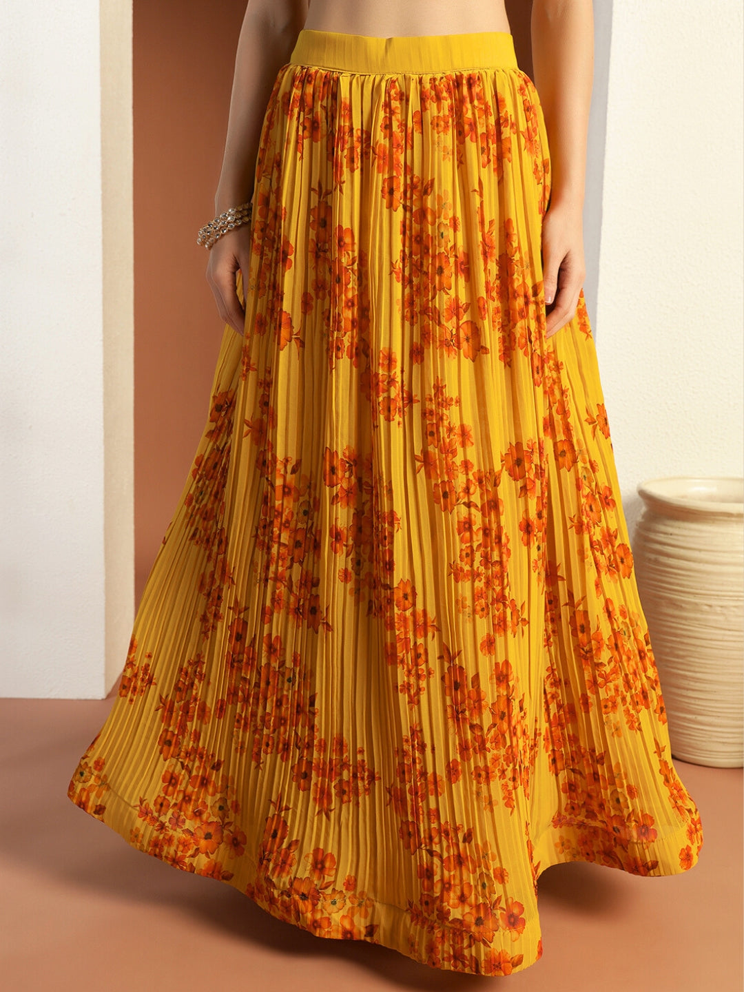 Indo-western Floral Print Pleated Lehenga Set with Sequin Embroidered Scalloped Jacket