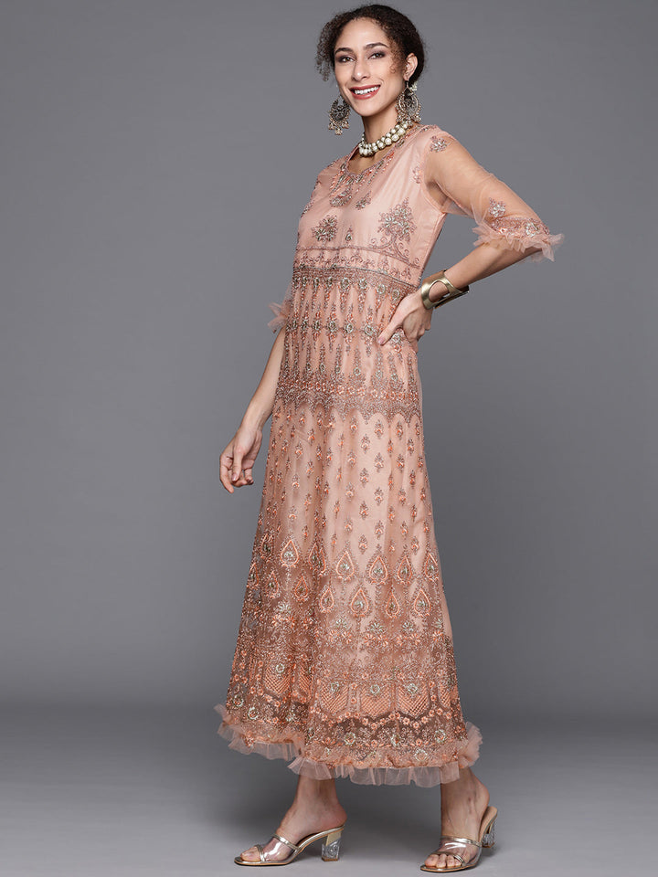 Peach Zari Embellished Floor Length Ruffled Net Gown