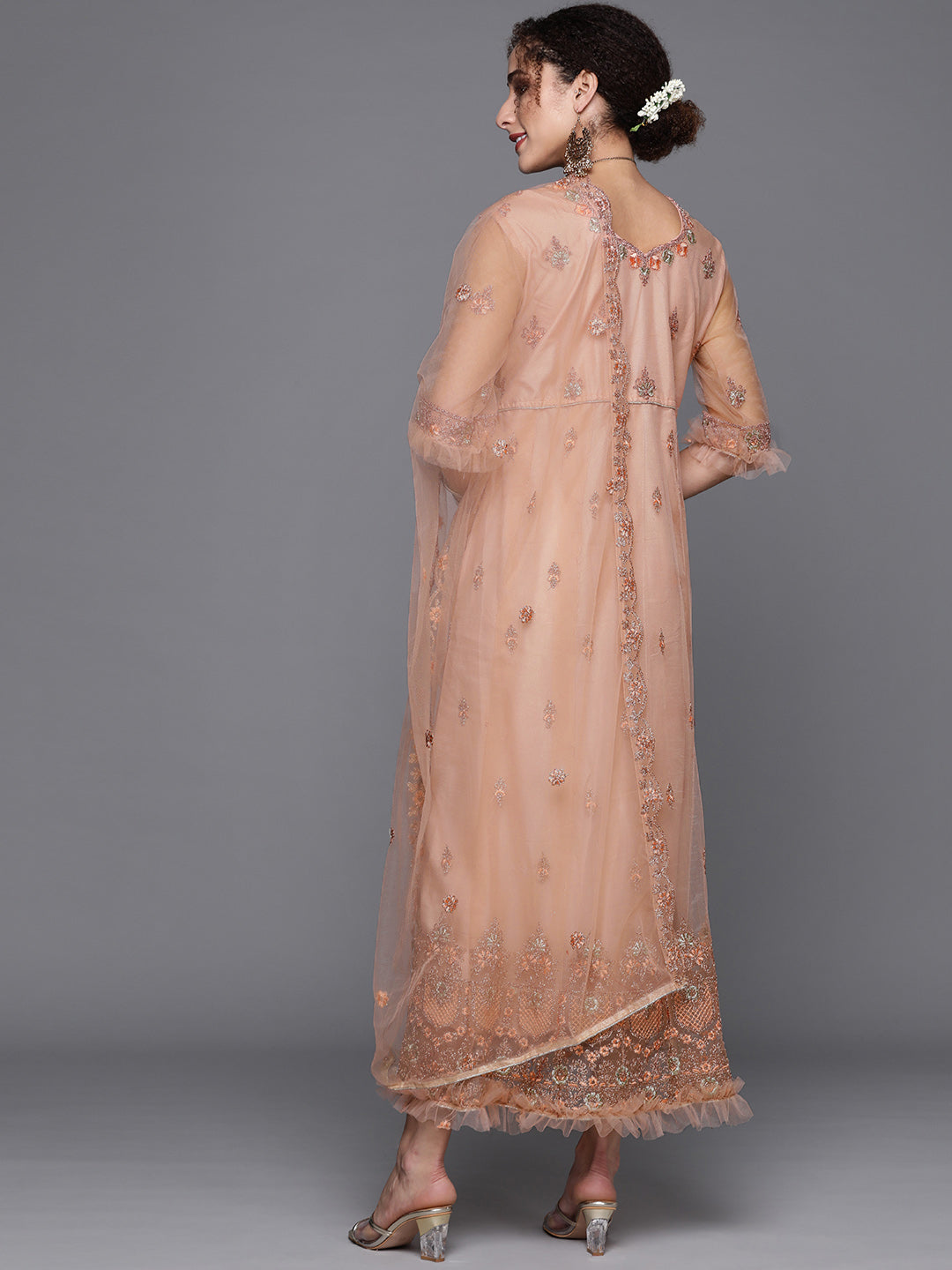 Peach Zari Embellished Floor Length Ruffled Net Gown