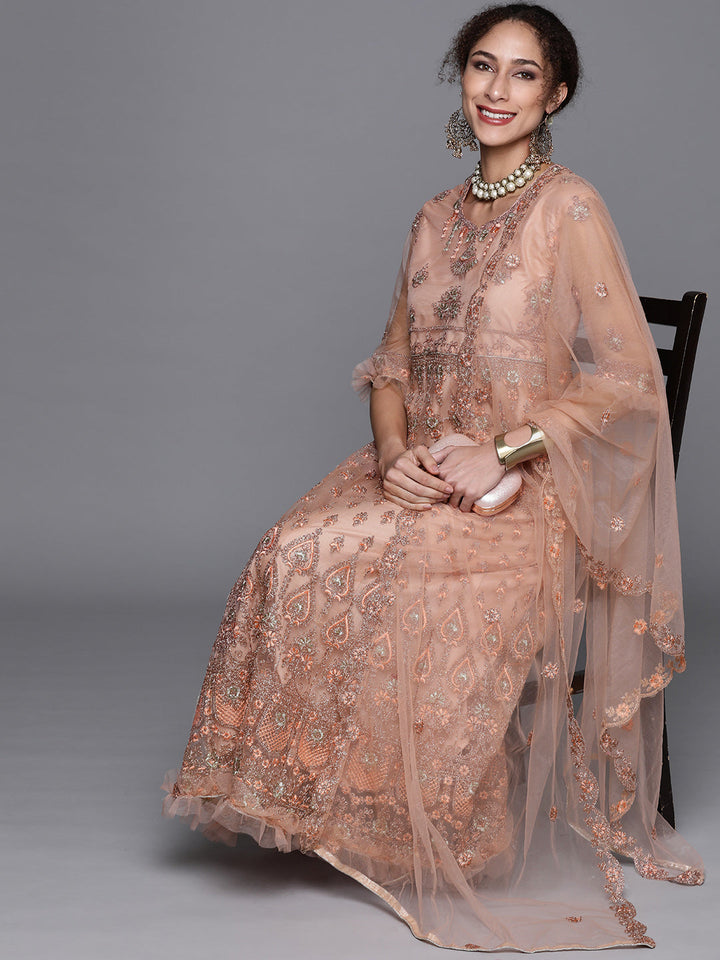 Peach Zari Embellished Floor Length Ruffled Net Gown