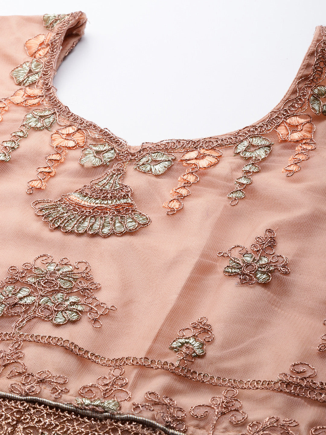 Peach Zari Embellished Floor Length Ruffled Net Gown