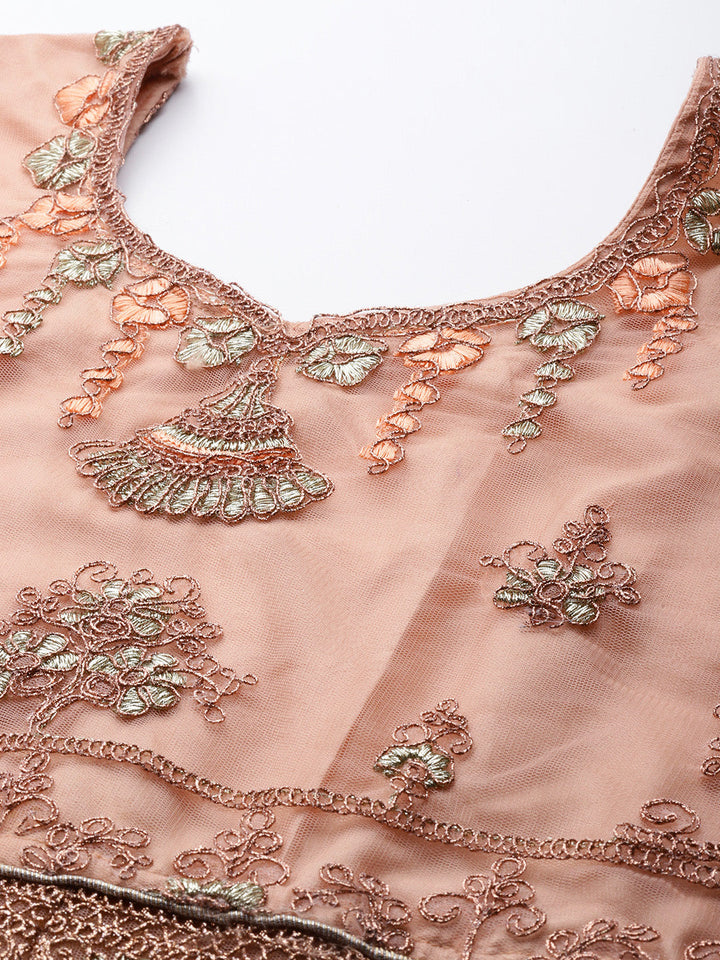 Peach Zari Embellished Floor Length Ruffled Net Gown