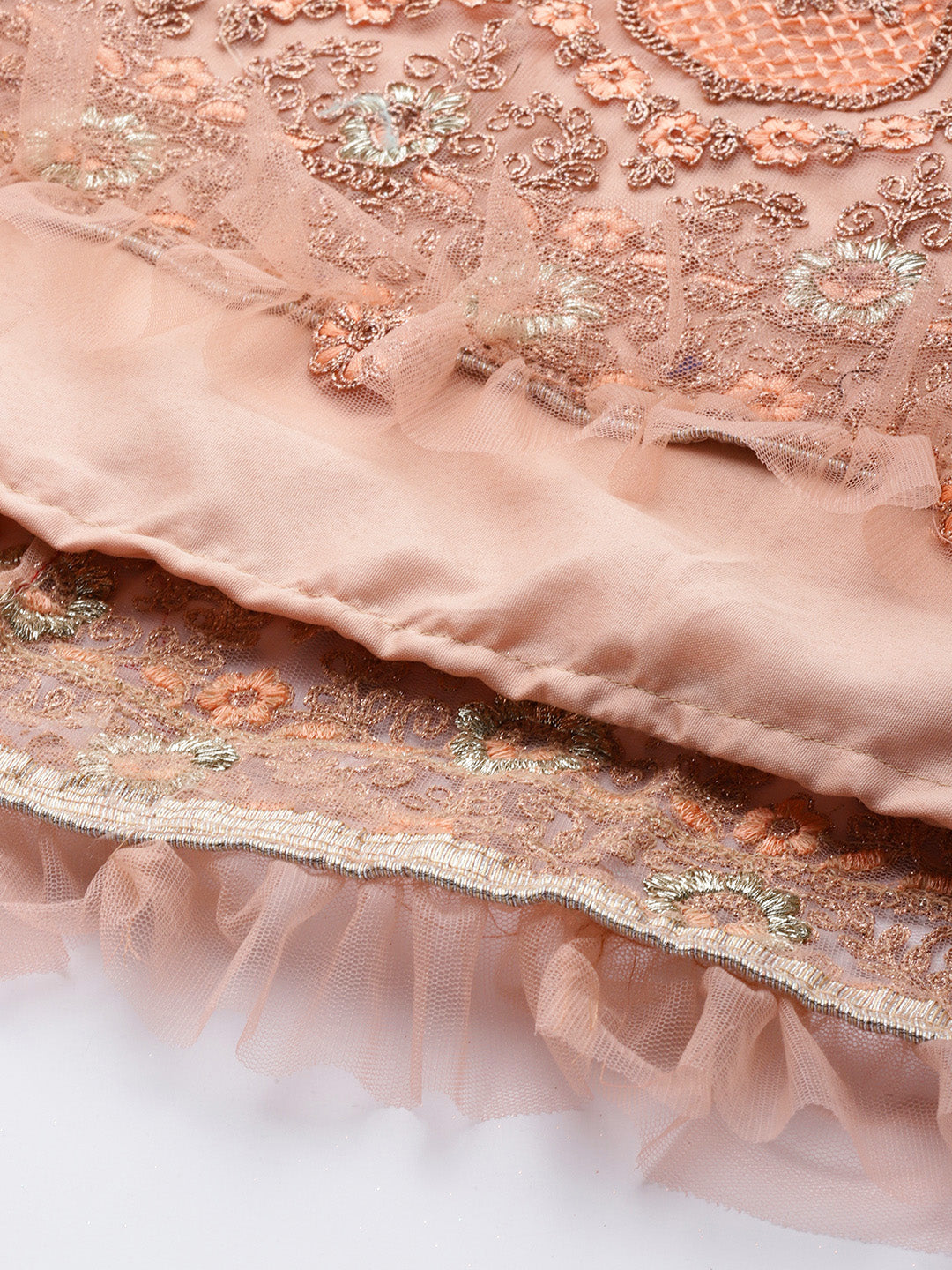 Peach Zari Embellished Floor Length Ruffled Net Gown