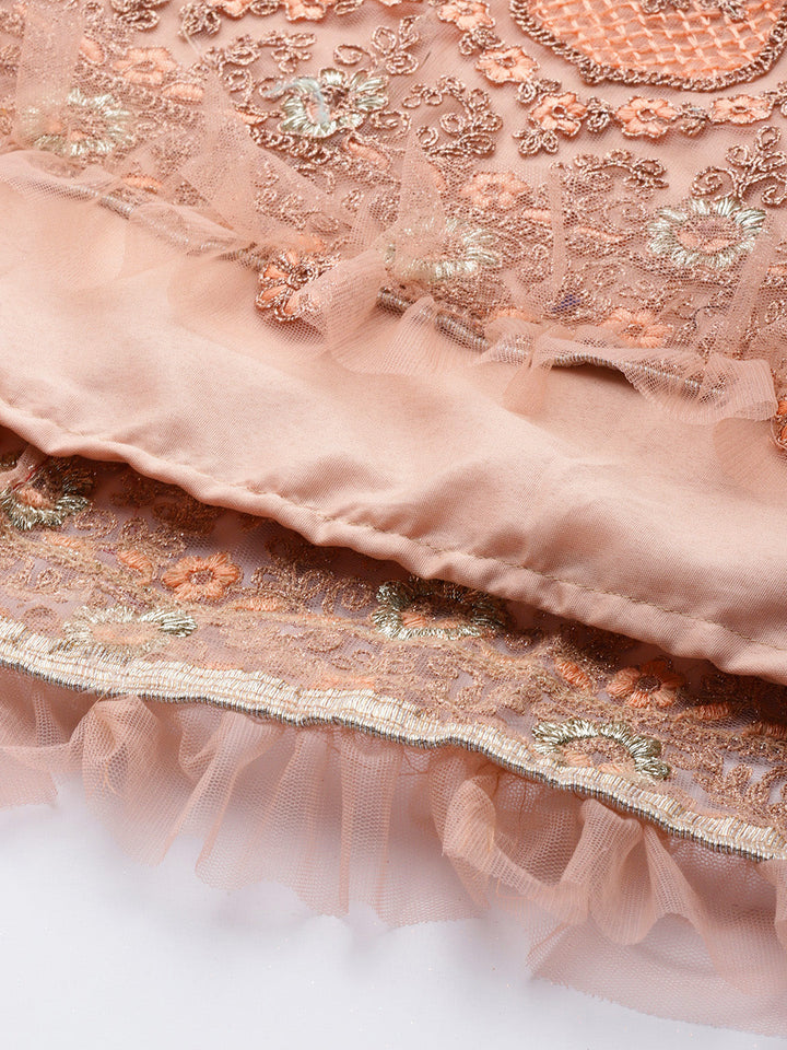 Peach Zari Embellished Floor Length Ruffled Net Gown