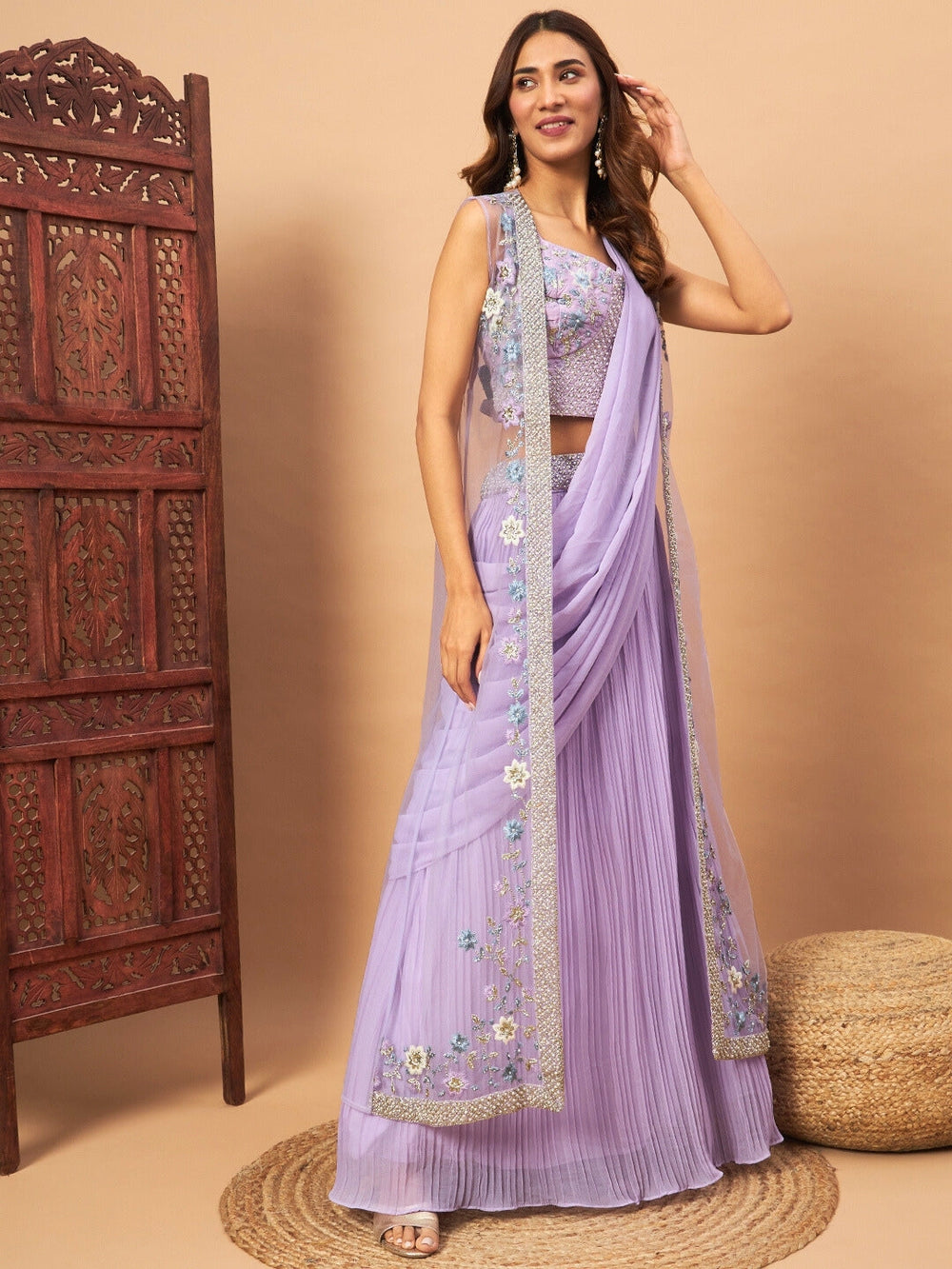 Chhabra 555 Georgette Pleated Lehenga Set with Pre-draped Attached Dupatta & Pearl Embelished Jacket