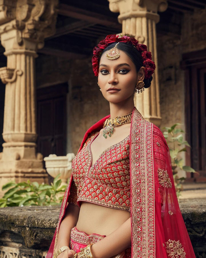 Red Embroidered Bridal Lehenga Choli Dupatta Set