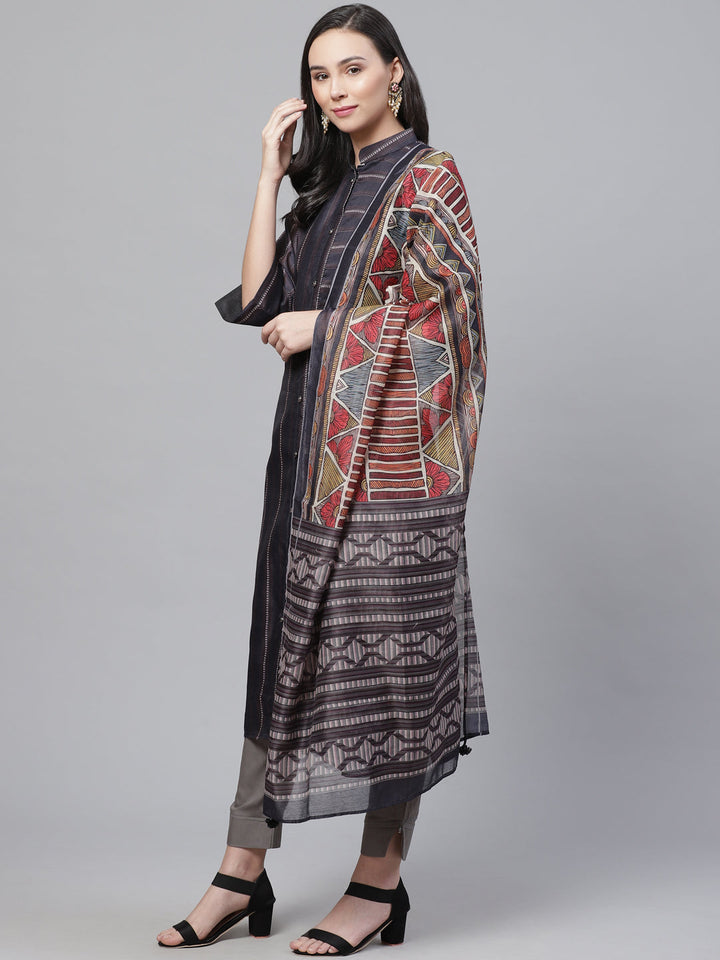 Chanderi Silk Stitched Suit with Digital Handloom & Indie Print with Maheshwari Dupatta