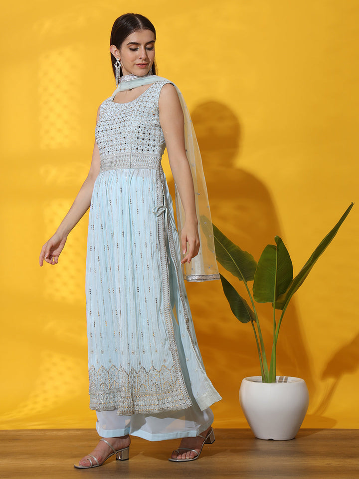 Turquoise Pleated Nyraa Style Kurta Set with Mirror Embellishments