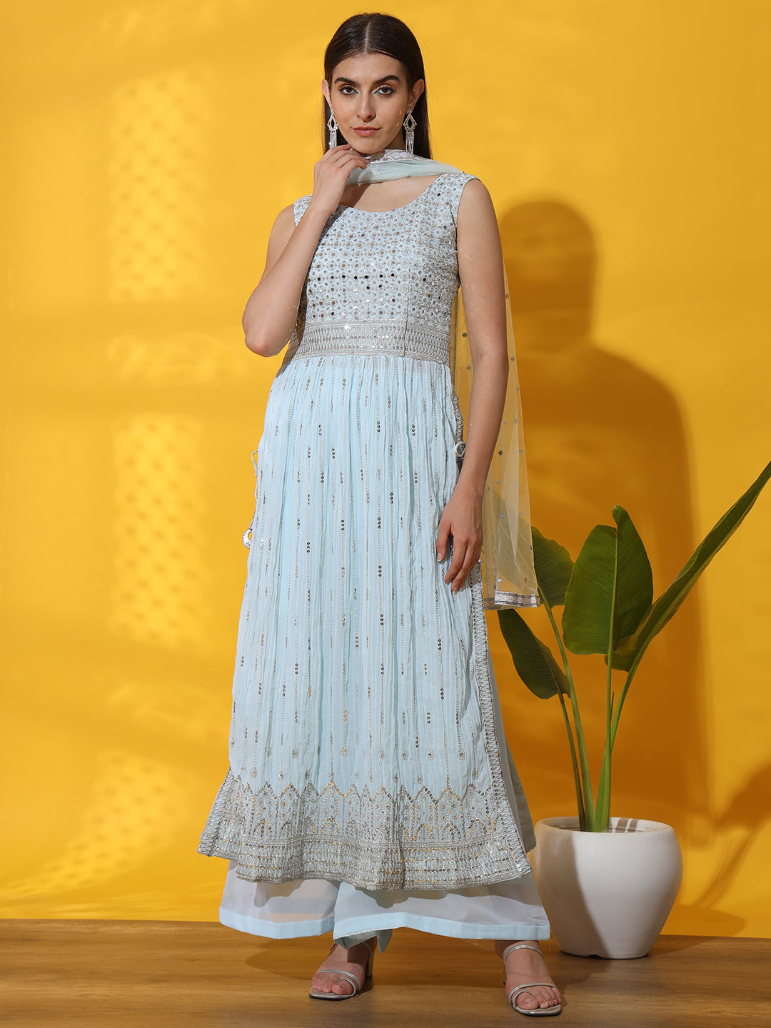 Turquoise Pleated Nyraa Style Kurta Set with Mirror Embellishments