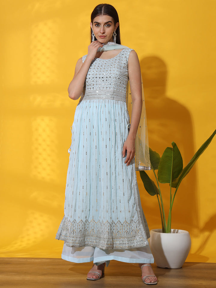 Turquoise Pleated Nyraa Style Kurta Set with Mirror Embellishments
