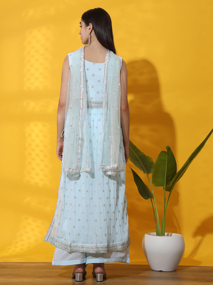 Turquoise Pleated Nyraa Style Kurta Set with Mirror Embellishments