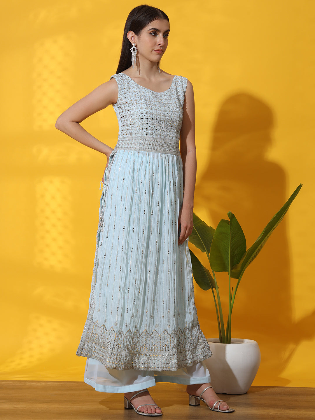 Turquoise Pleated Nyraa Style Kurta Set with Mirror Embellishments