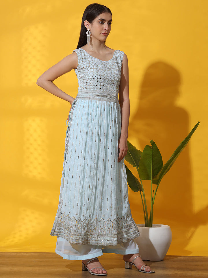 Turquoise Pleated Nyraa Style Kurta Set with Mirror Embellishments