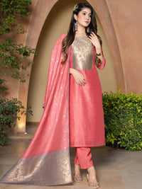 Jamdani Woven Straight Kurta Set with Brocade Weaving Floral pattern Yoke & Dupatta