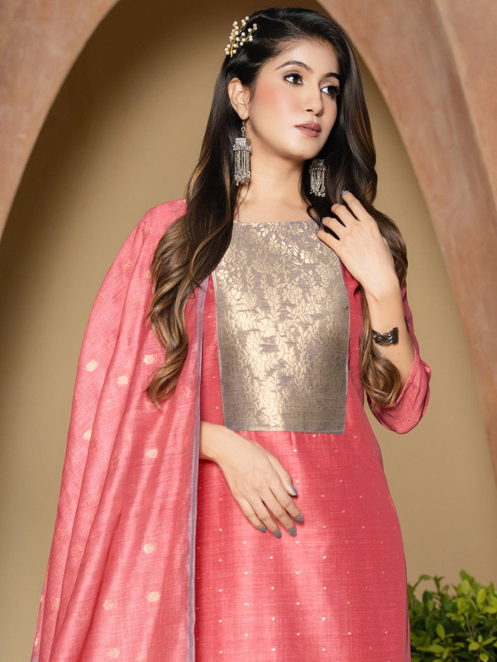 Jamdani Woven Straight Kurta Set with Brocade Weaving Floral pattern Yoke & Dupatta