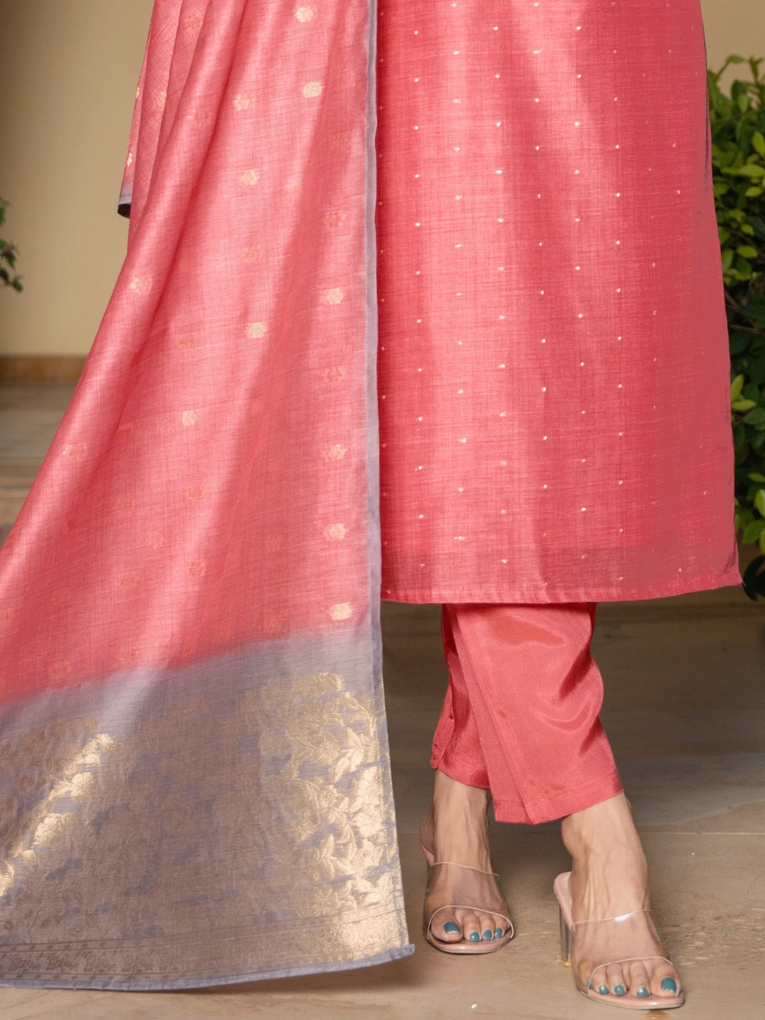 Jamdani Woven Straight Kurta Set with Brocade Weaving Floral pattern Yoke & Dupatta