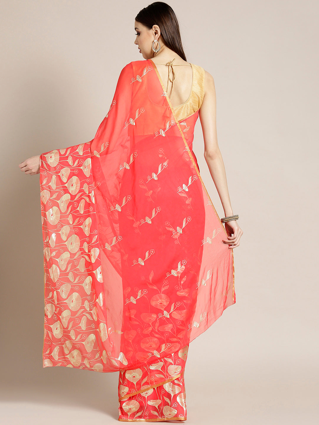 Chiffon Hand-Dyed Saree with Gold Foil Printed Floral Tulip Pattern