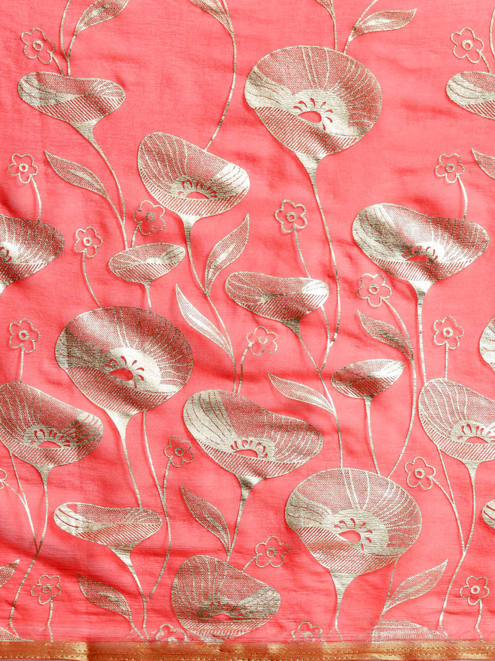 Chiffon Hand-Dyed Saree with Gold Foil Printed Floral Tulip Pattern