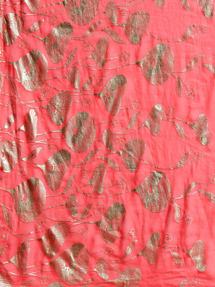 Chiffon Hand-Dyed Saree with Gold Foil Printed Floral Tulip Pattern