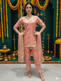Banarasi Meenakari Straight Suit with Pearl, Mirror Embellishments & Tasseled Hemline