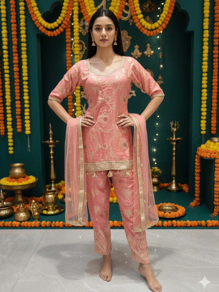Banarasi Meenakari Straight Suit with Pearl, Mirror Embellishments & Tasseled Hemline