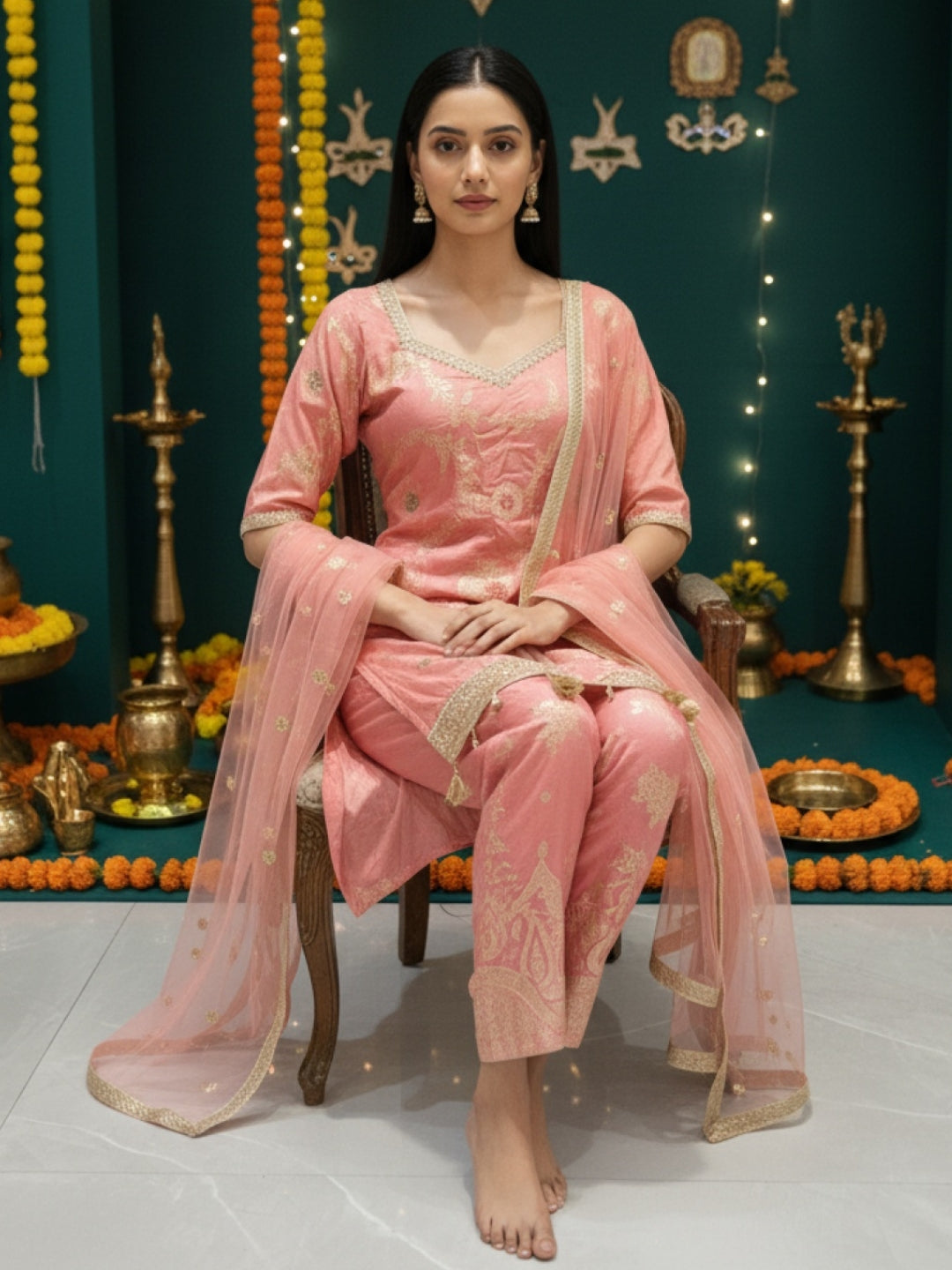 Banarasi Meenakari Straight Suit with Pearl, Mirror Embellishments & Tasseled Hemline